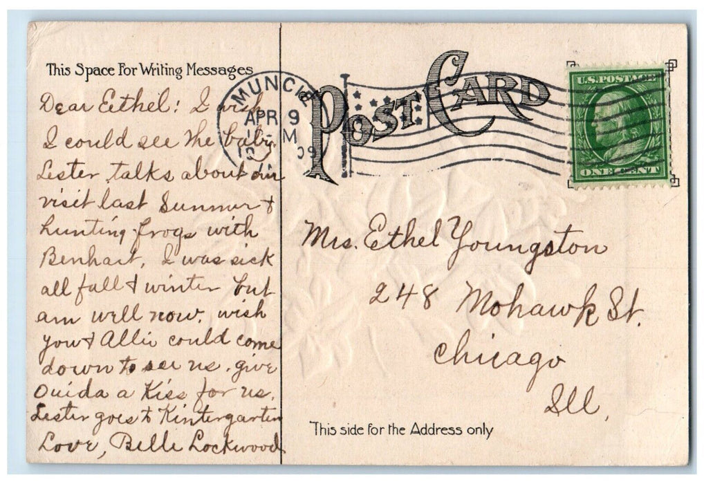 1909 Easter Blessing Lilies Flowers Embossed Muncie Indiana IN Antique Postcard