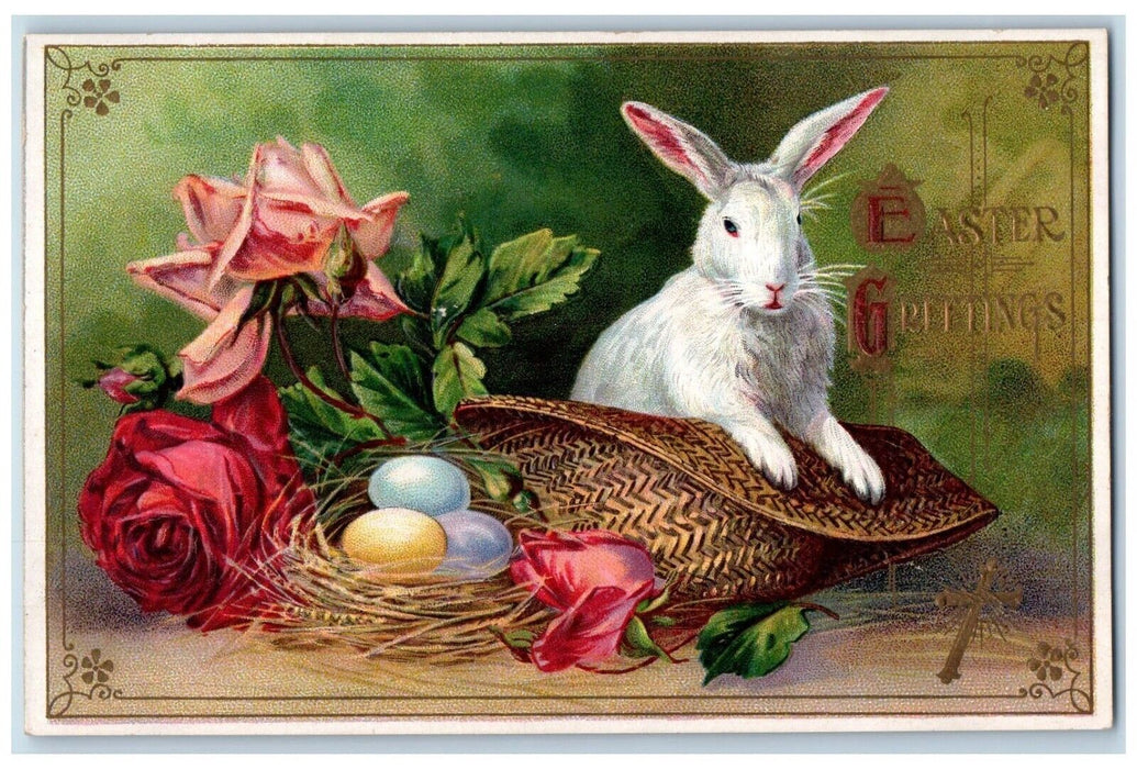 1911 Easter Greetings Rabbit In Hat Eggs Nest Flowers Embossed Antique Postcard