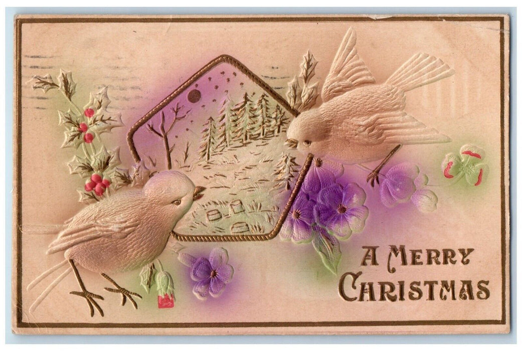 1910 Merry Christmas Chicks Holly Berries Flowers Airbrushed Embossed Postcard