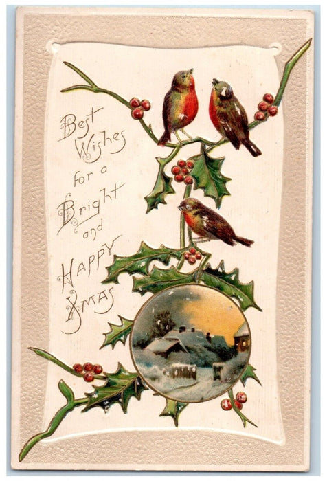 Christmas Song Birds Holly Berries House Winter Embossed Posted Antique Postcard