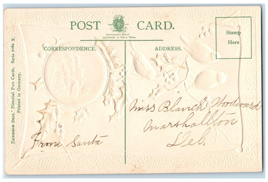 Christmas Song Birds Holly Berries House Winter Embossed Posted Antique Postcard