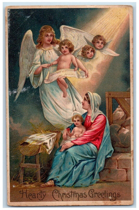 1912 Christmas Greetings Mary Angels Religious Embossed Wilmington DE Postcard