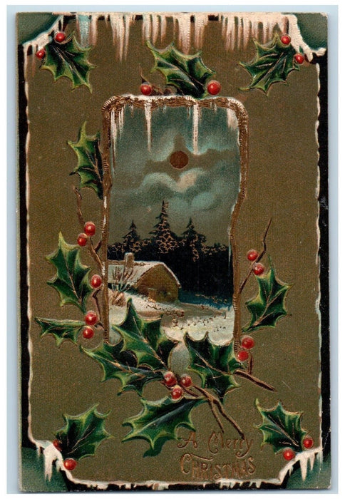 1908 Merry Christmas Holly Berries House Winter Embossed Fostoria OH Postcard