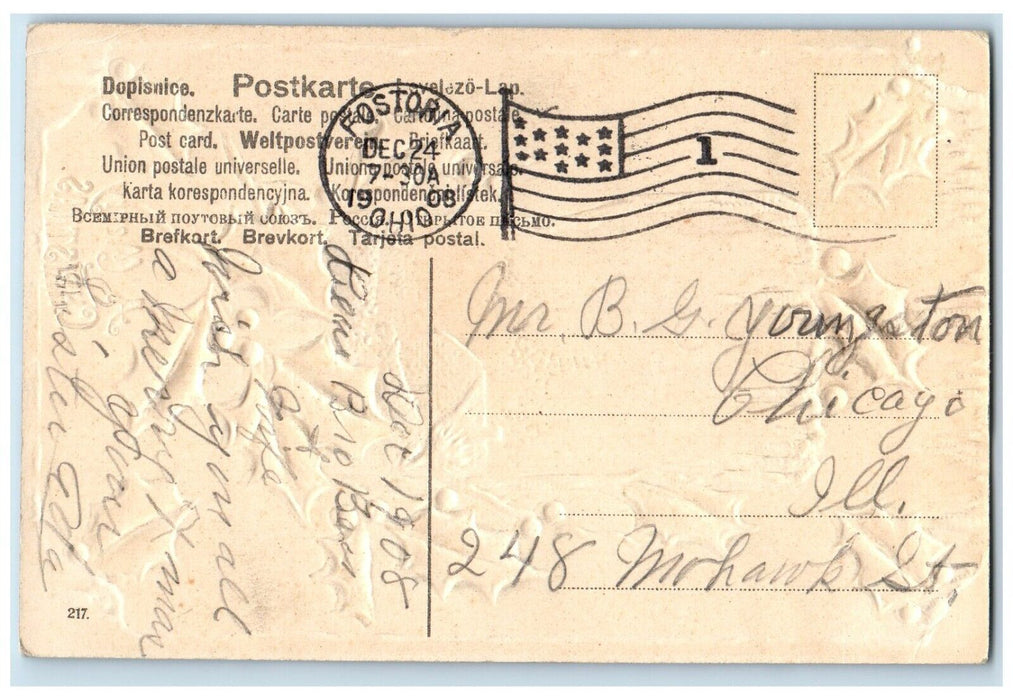 1908 Merry Christmas Holly Berries House Winter Embossed Fostoria OH Postcard