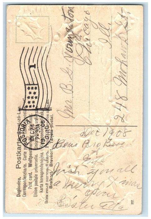 1908 Merry Christmas Holly Berries House Winter Embossed Fostoria OH Postcard
