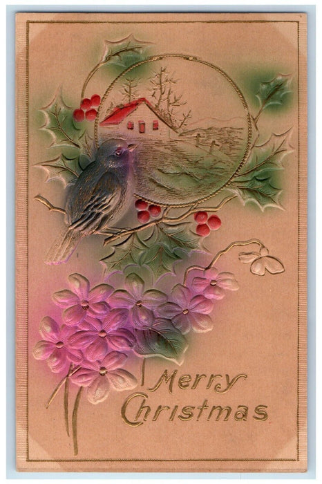 c1910's Merry Christmas Bird Holly Berries Flowers Airbrushed Embossed Postcard