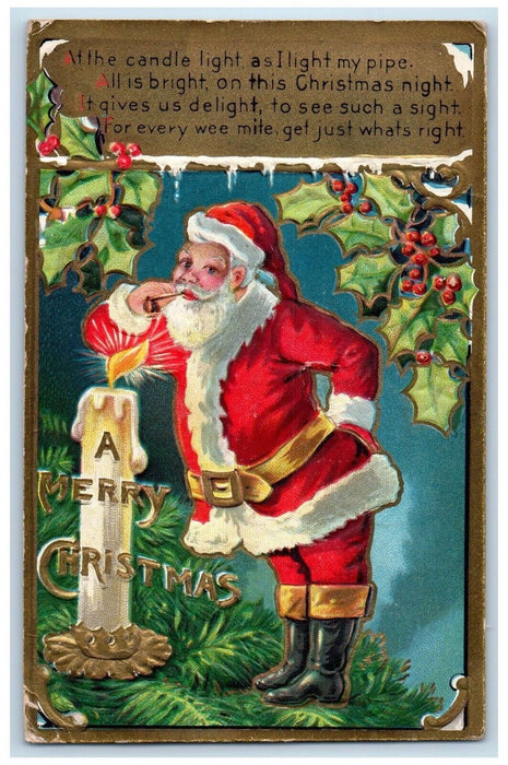 1908 Merry Christmas Santa Claus Pipe Candle Light Holly Berries Nash Postcard