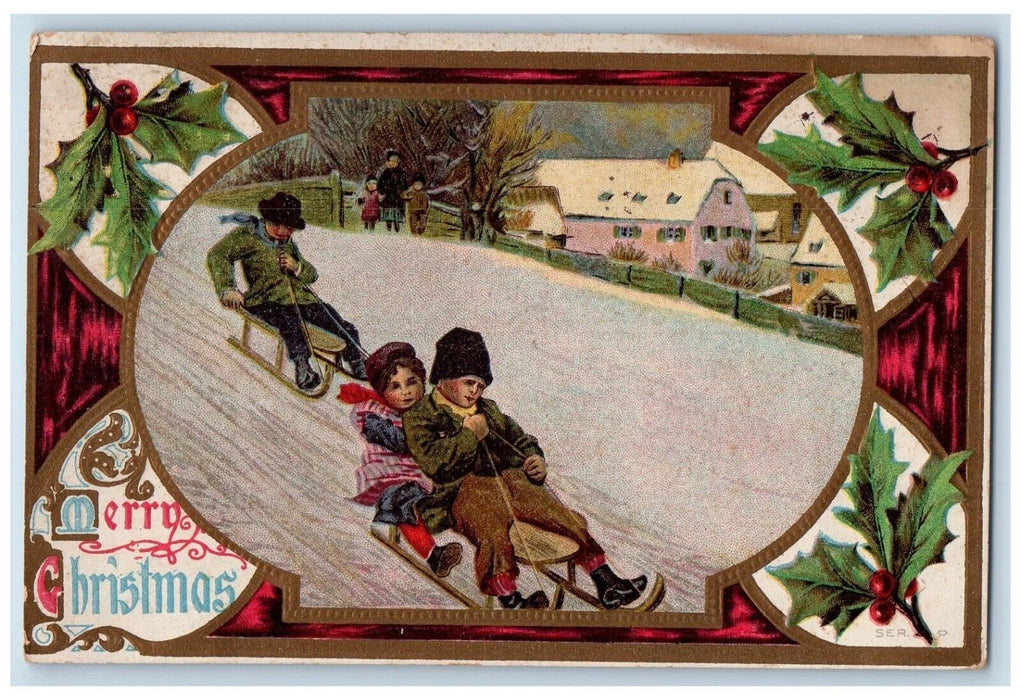 1910 Christmas Children Sledding Winter Holly Berries Marshalton DE Postcard