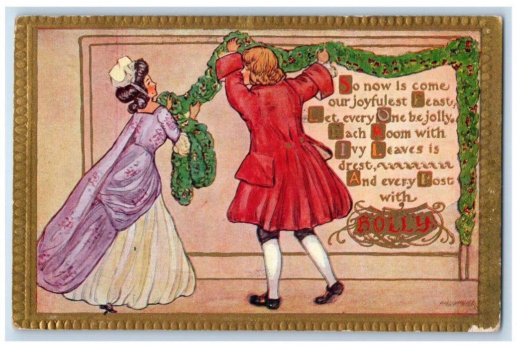 1912 Christmas Couple Decorating Holly Berries Garland Manchester NH Postcard