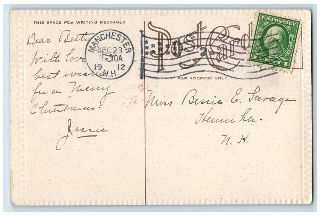 1912 Christmas Couple Decorating Holly Berries Garland Manchester NH Postcard
