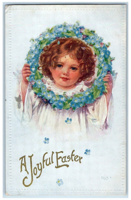 c1910's Joyful Easter Cute Little Girl Flowers Wreath Embossed Antique Postcard