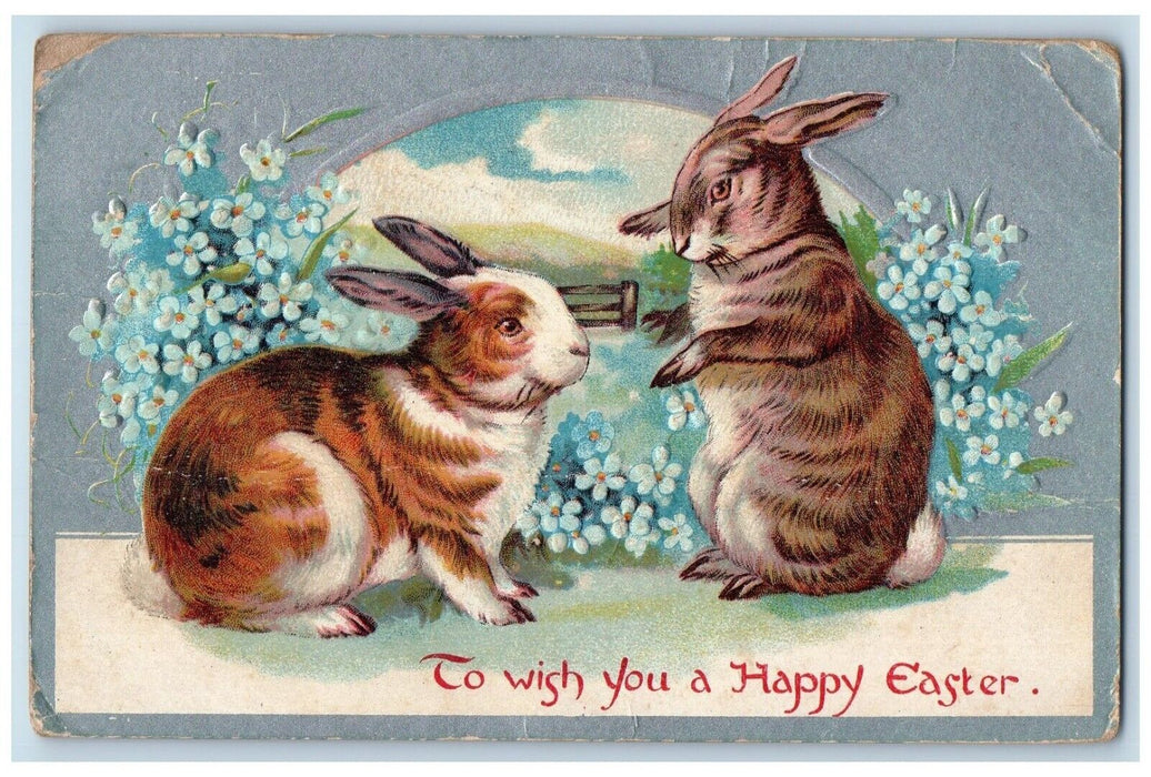 c1910's Happy Easter Bunny Rabbit Pansies Flowers Embossed Newark DE Postcard