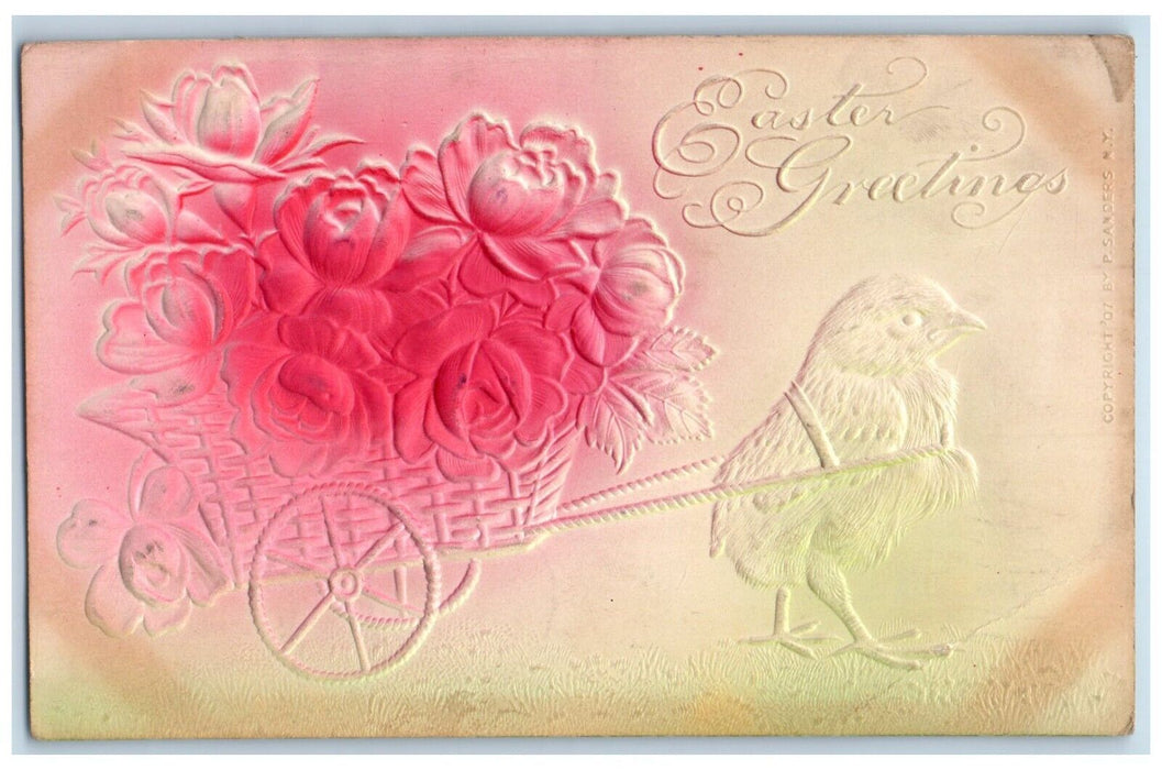 1908 Easter Greetings Chick Pulling Cart Flowers Airbrushed Fostoria OH Postcard