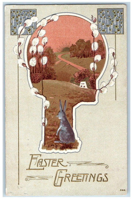 c1910's Easter Greetings Rabbit Pipe Berry Art Nouveau Embossed Posted Postcard