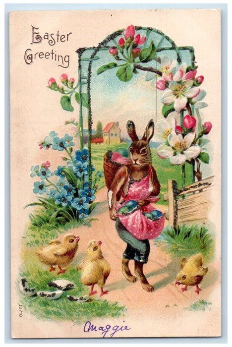 c1905 Easter Greeting Anthropomorphic Rabbit With Eggs Chicks Flowers Postcard