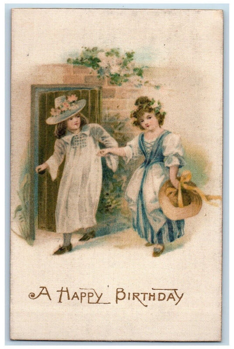 1909 Happy Birthday Pretty Girls Big Hat Silk Winsch Back Warsaw IN Postcard