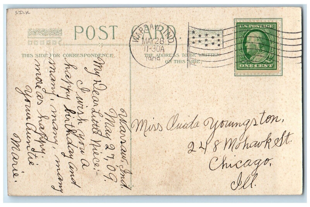1909 Happy Birthday Pretty Girls Big Hat Silk Winsch Back Warsaw IN Postcard