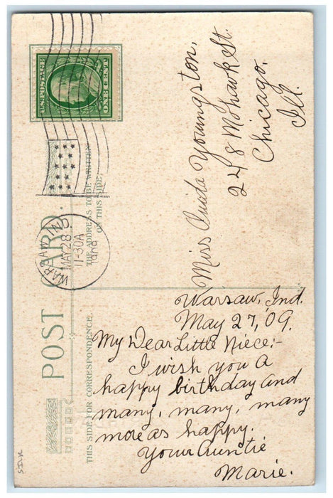 1909 Happy Birthday Pretty Girls Big Hat Silk Winsch Back Warsaw IN Postcard