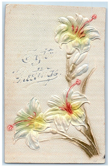 1909 Easter Greetings Lilies Flowers Embossed Sycamore Ohio OH Antique Postcard