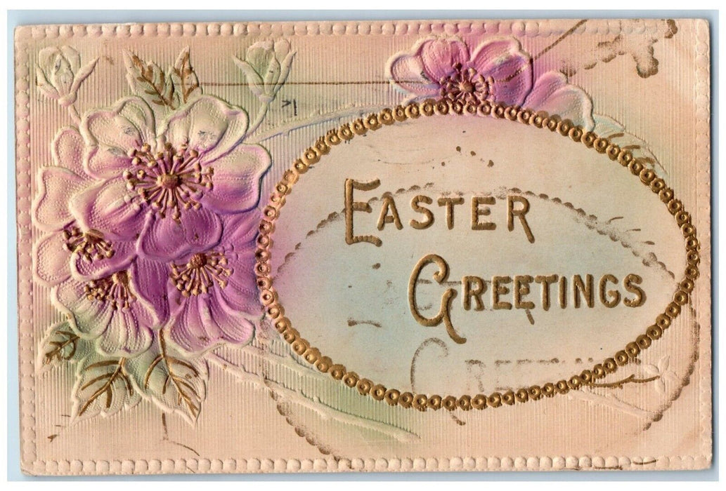 1911 Easter Greetings Egg Flowers Airbrushed Embossed Niles MI Antique Postcard