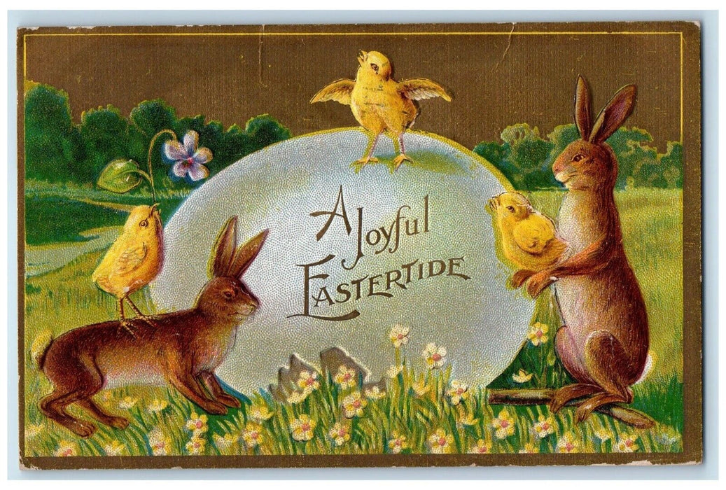 c1910's Easter Chick On Top Of Giant Egg Bunny Rabbit Flowers Warsaw IN Postcard