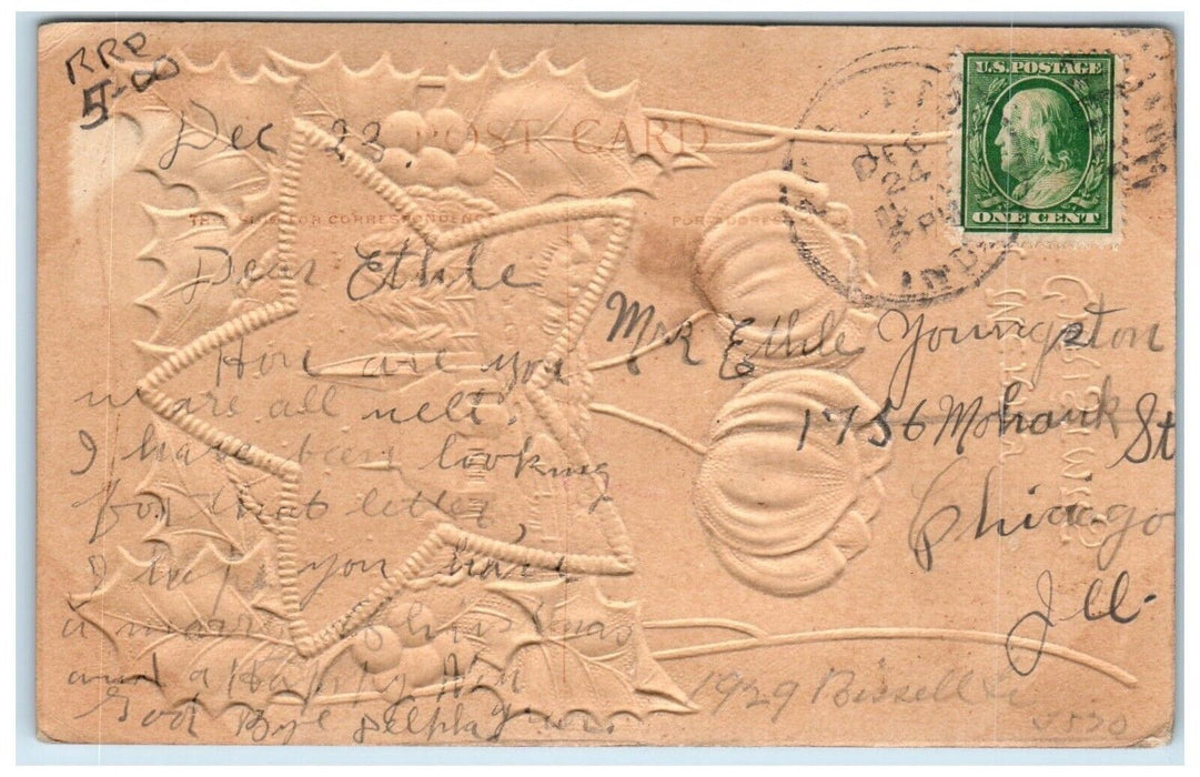 c1910's Merry Christmas Star Flowers Holly Berries Airbrushed Embossed Postcard