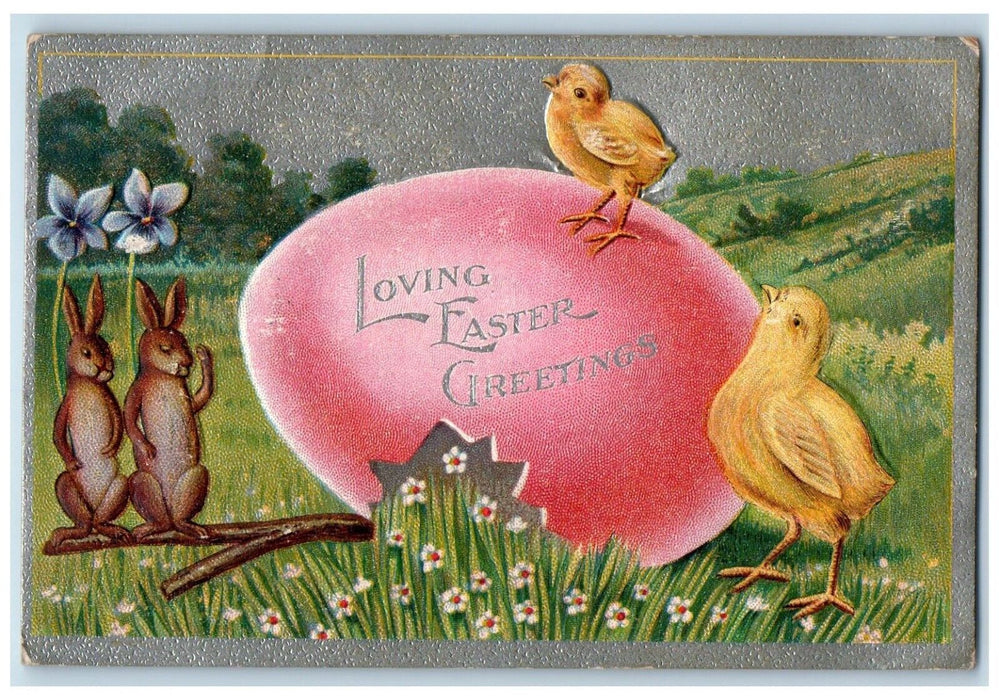 1910 Easter Greetings Giant Egg Chicks Bunny Rabbit Flowers Embossed Postcard