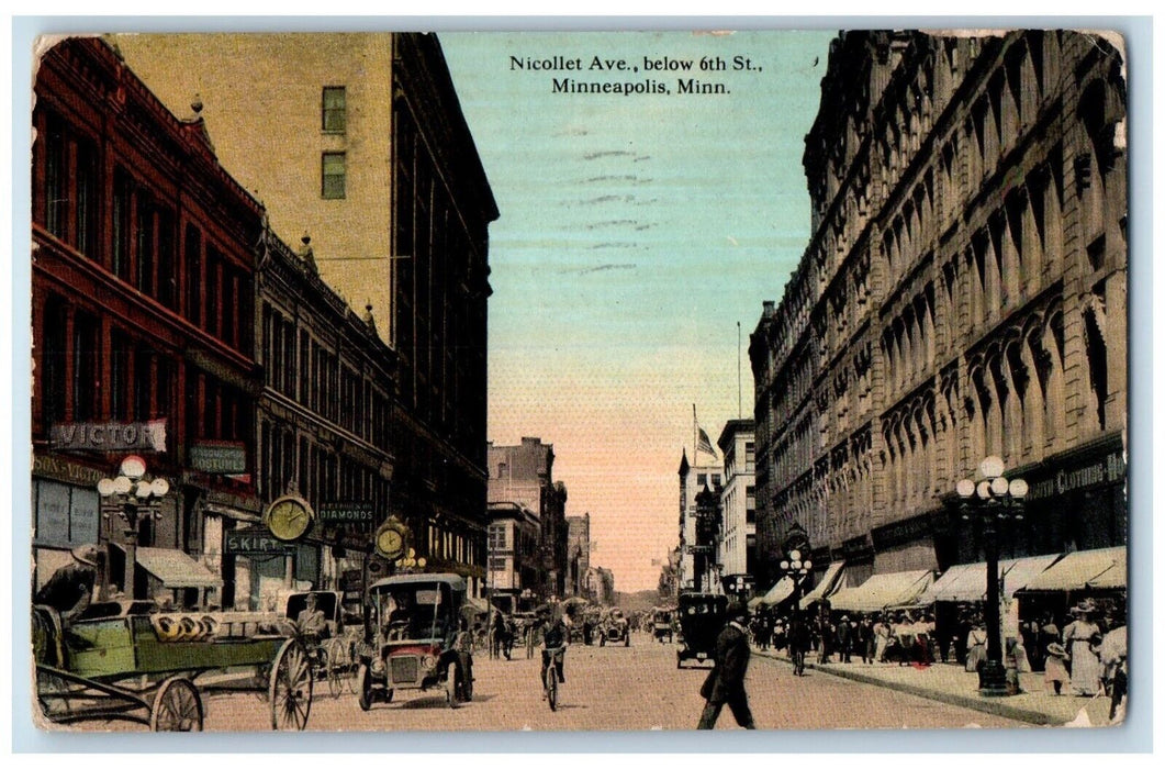 1913 Busy Day Nicollet Ave Below 6th St Minneapolis Minnesota Vintage Postcard