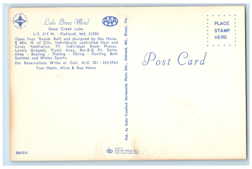 c1960 Lake Breeze Motel Deep Creek Lake Exterior Hotel Oakland Maryland Postcard