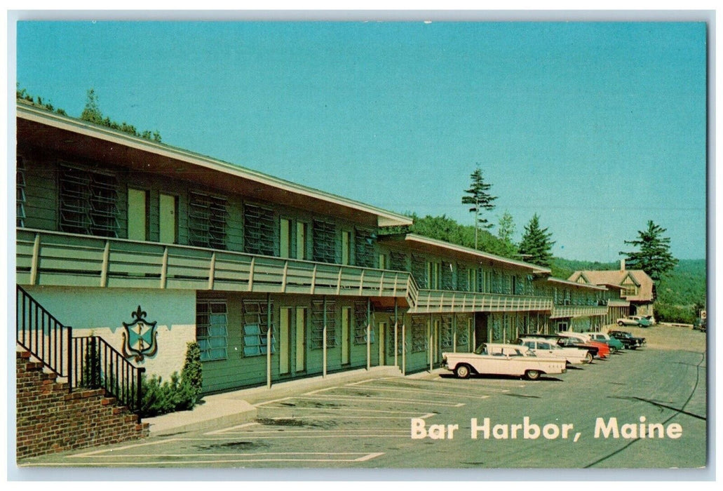 c1960 Frenchman's Bay Motel Eden Street Classic Cars Bar Harbor Maine Postcard