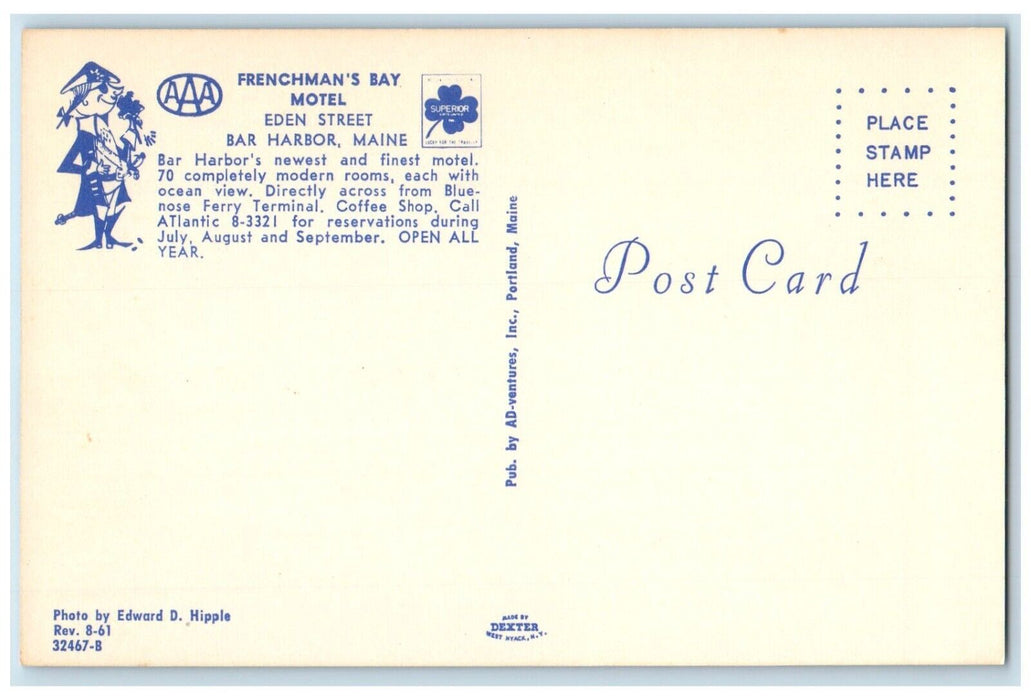 c1960 Frenchman's Bay Motel Eden Street Classic Cars Bar Harbor Maine Postcard