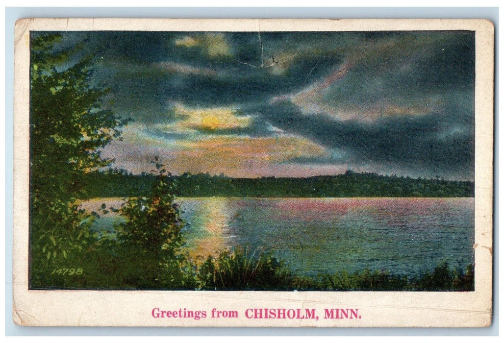 1910 Greetings From Chisholm Minnesota Sunset View Lake Antique Vintage Postcard