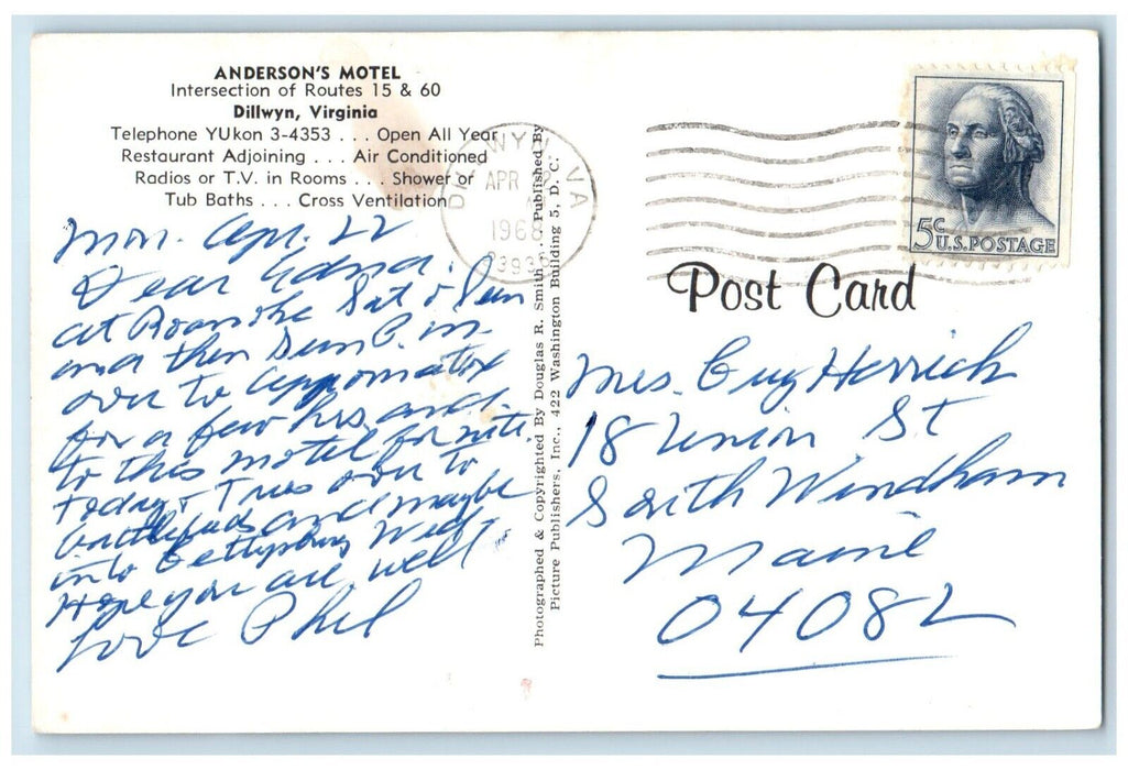 1968 Anderson's Motel Roadside Dillwyn Virginia VA Posted Vintage Postcard