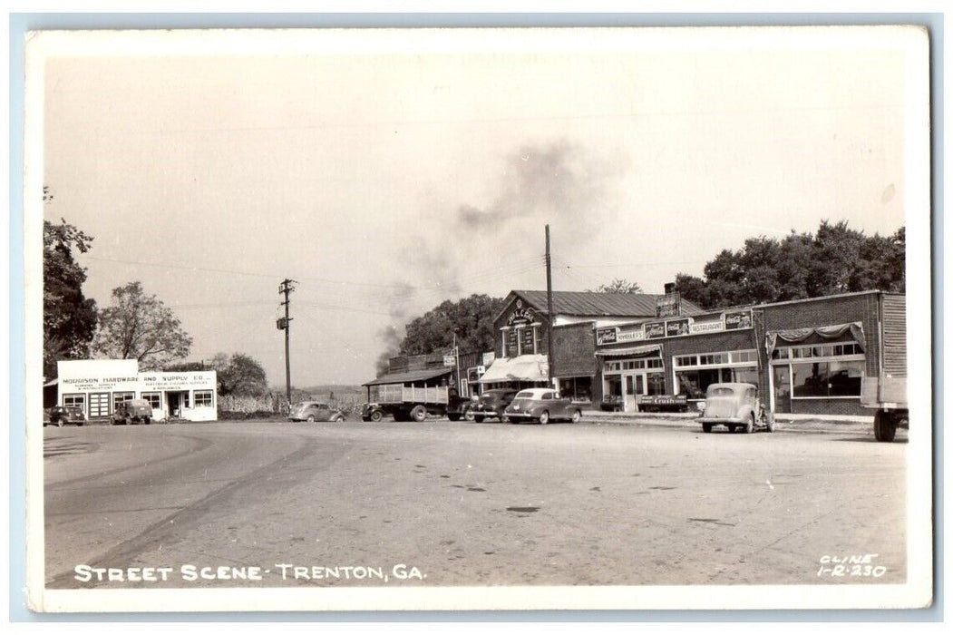 c1940's Street Scene Hardware Restaurant Cline Trenton GA RPPC Photo Postcard