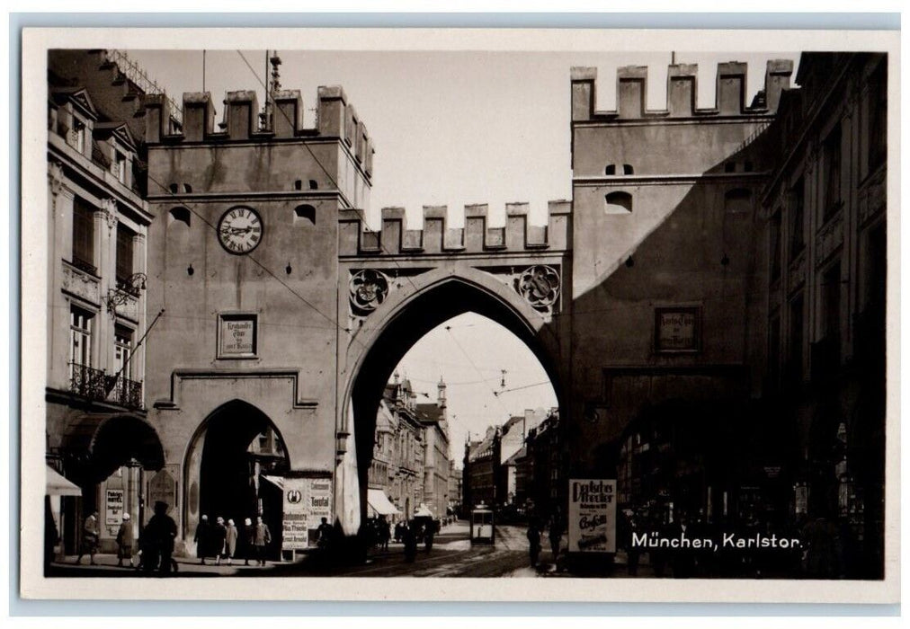 c1930's Karlstor Archway Clock Tower View Munich Germany RPPC Photo Postcard