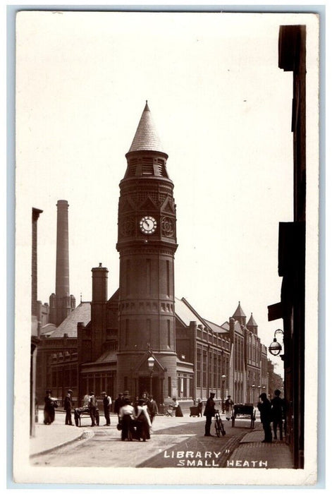 c1920's Library Clock Tower View Small Heath United Kingdom RPPC Photo Postcard