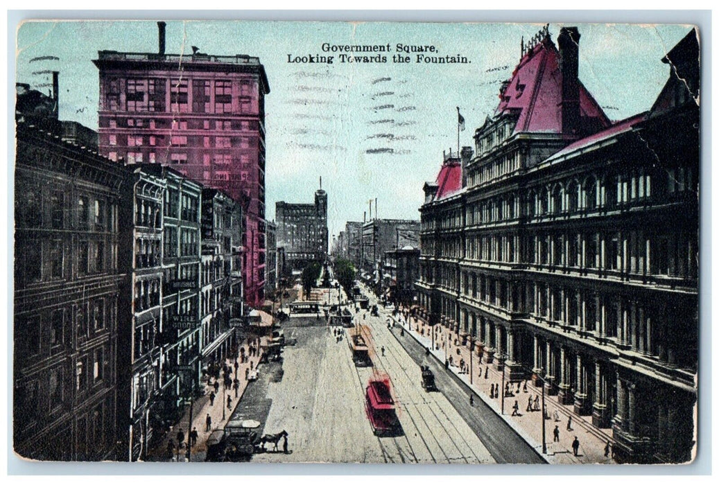 1911 Government Square Looking Towards Fountain Streetcar Exterior Ohio Postcard