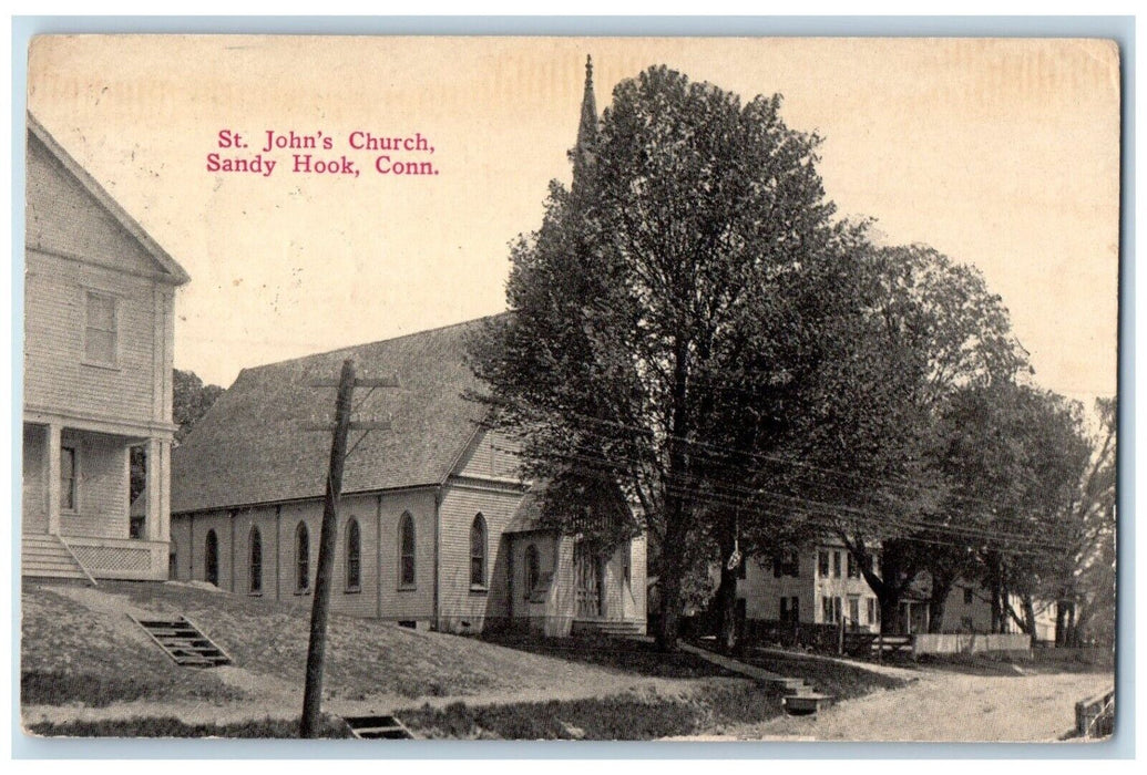 1915 St John Church Building Street Road Sandy Hook Connecticut Vintage Postcard