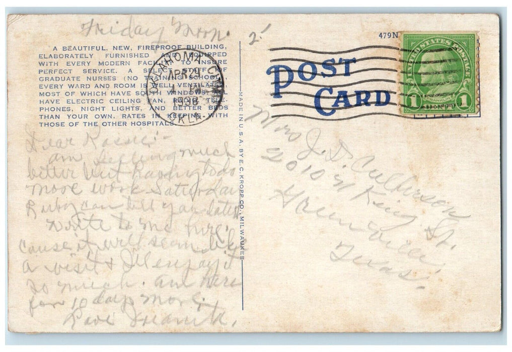 1938 Polyclinic Hospital Exterior Building Road Oklahoma City Oklahoma Postcard