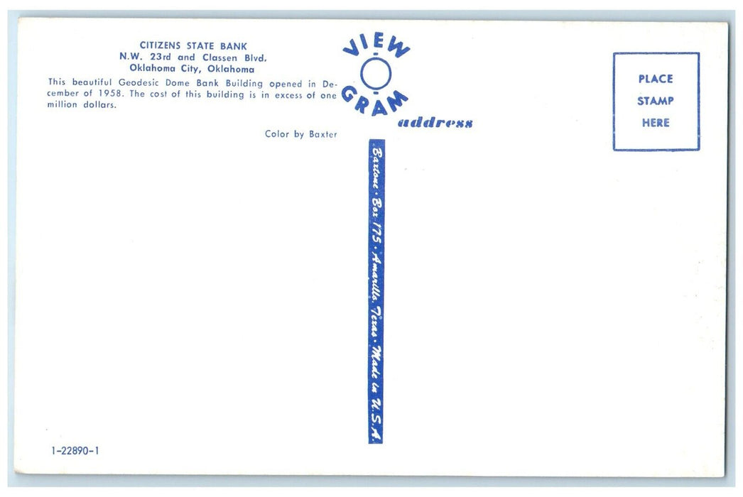 c1960 Citizens State Bank Classen Boulevard Oklahoma City Oklahoma OK Postcard