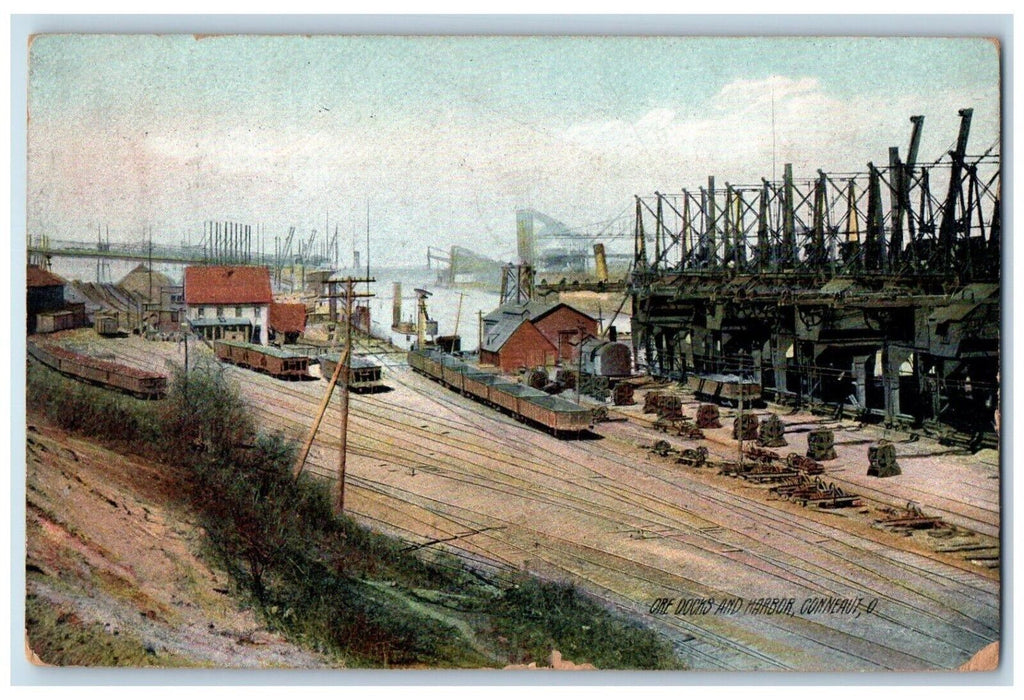 1908 Ore Docks Harbor Shipyard Dock Pier Factory Steamer Conneaut Ohio Postcard