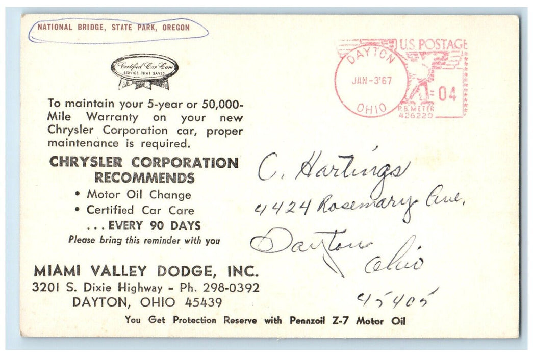 1967 National Bridge Miami Valley Dodge State Park Oregon Advertisement Postcard