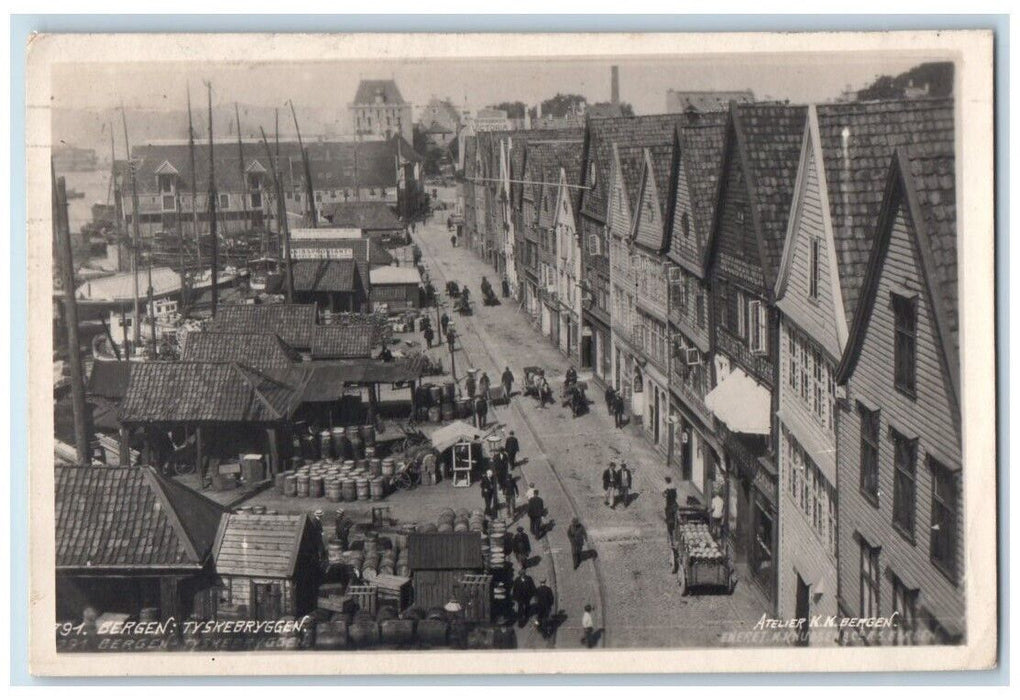 1926 Tyskebryggen Dock View Atelier Bergen Norway RPPC Photo Posted Postcard