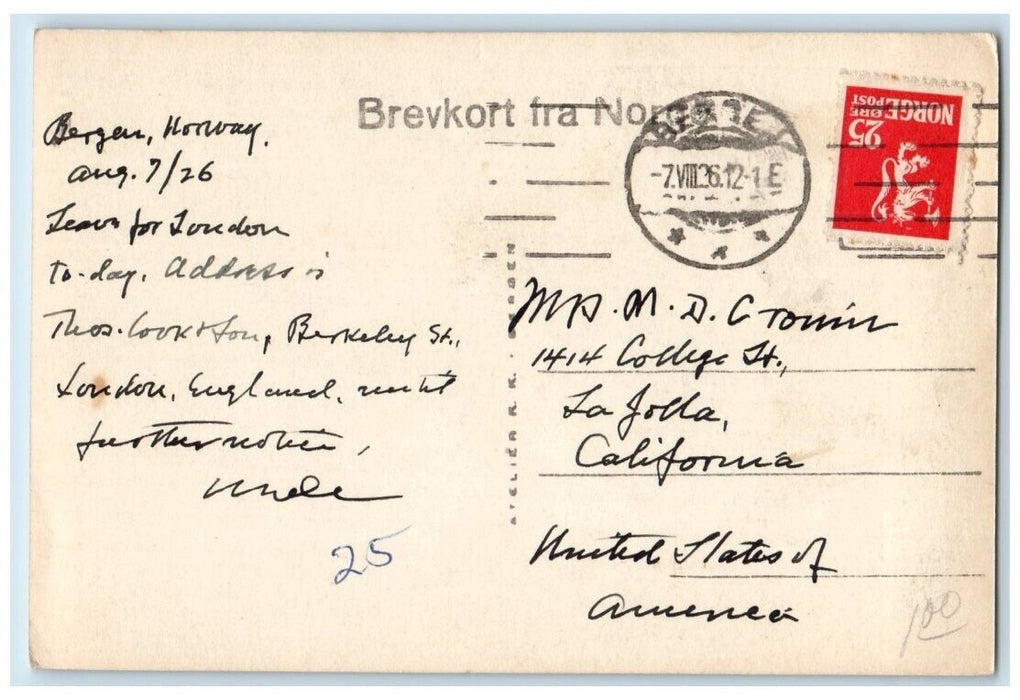 1926 Tyskebryggen Dock View Atelier Bergen Norway RPPC Photo Posted Postcard