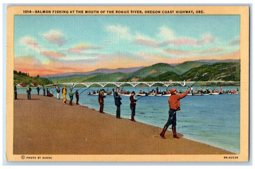 c1940 Salmon Fishing Mouth Rogue River Oregon Coast Highway Oregon OR Postcard