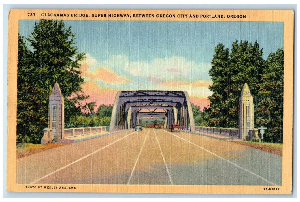 c1940 Clackamas Bridge Super Highway Road Oregon City Portland Oregon Postcard