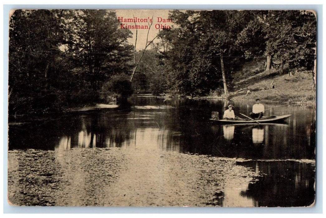 1915 Hamilton's Dam Boat Fishing Rod Canoe Kinsman Ohio Vintage Antique Postcard