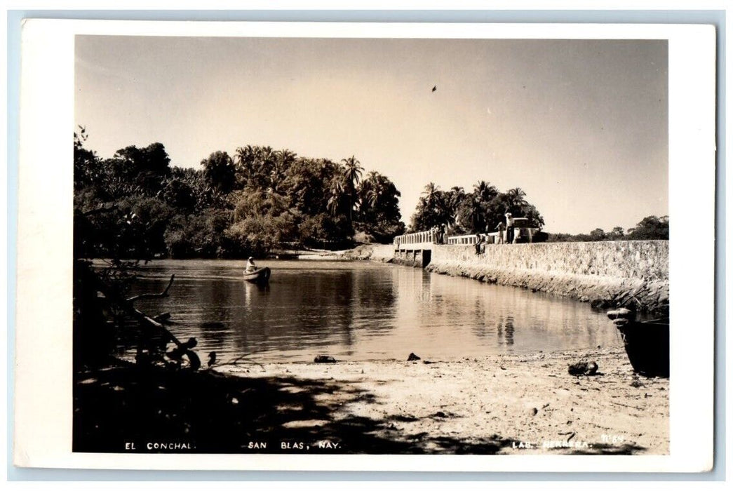 c1950's El Conchal Boat View San Blas Nayarit Mexico RPPC Photo Postcard