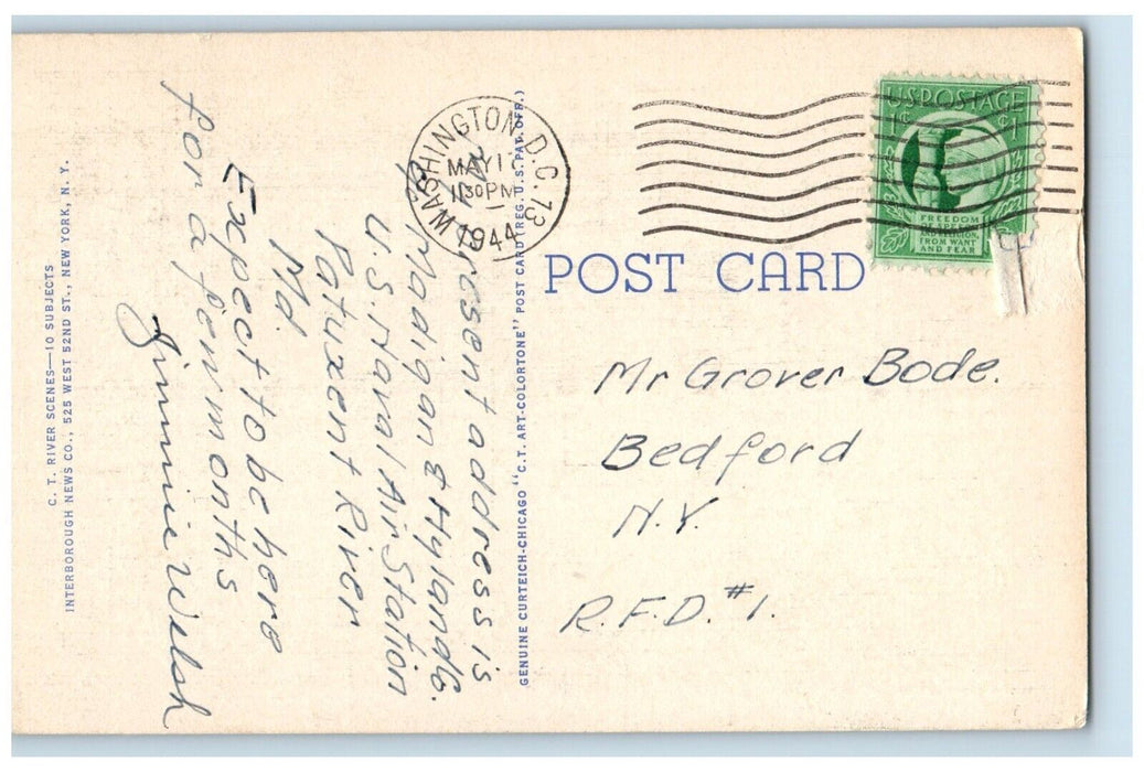 1944 Greetings From Patuxent River Indiana IN, Dirt Road River Trees Postcard