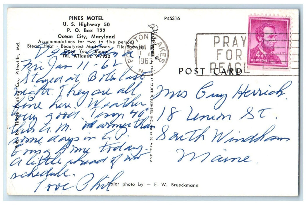 1963 Pines Motel Ocean Roadside City Maryland MD, Pompton Lakes NJ Postcard